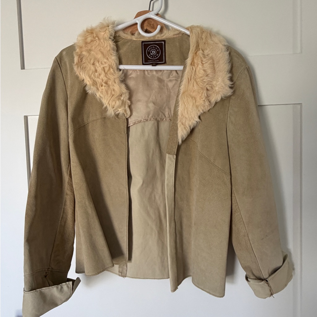 Double D Ranch Taupe Suede Jacket With Cream Faux Fur Collar